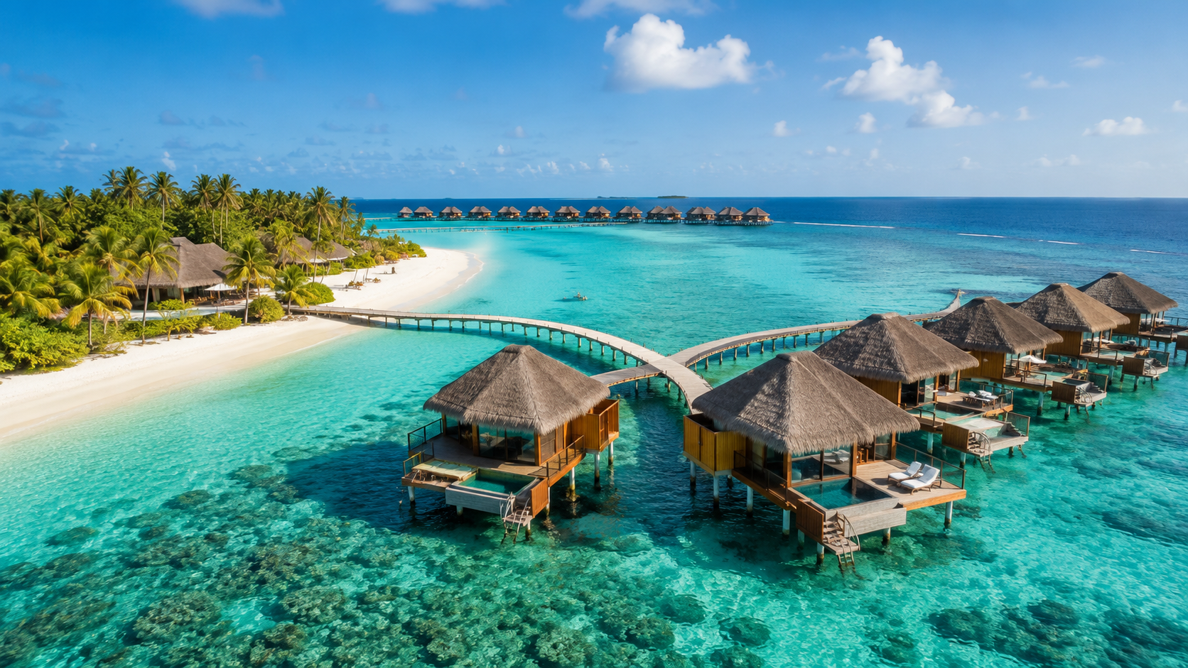 Maldives bright lagoon with overwater bungalows and beach